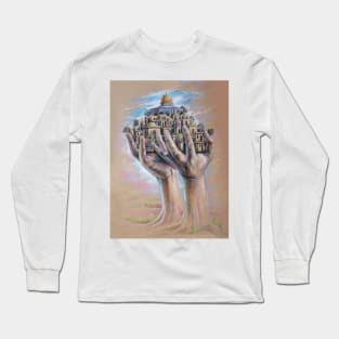 Save Jerusalem Al Aqsa Painting, Palestinian Resistance Hands Holding Al Quds Old City Long Sleeve T-Shirt